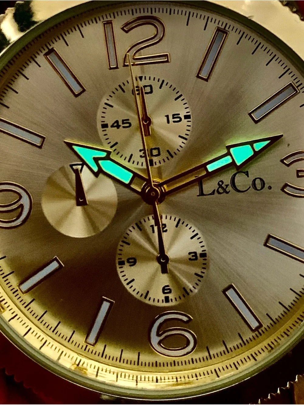 L&CO. Fashion Sport Quartz Wristwatch Faux Subdials Gold Tone Finish Working